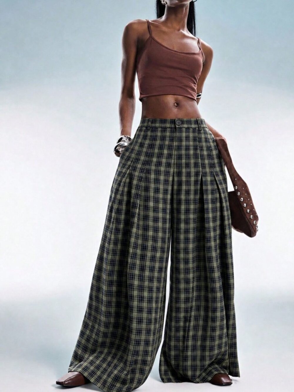 Green Casual Women's Plaid Regular Fit Loose Wide Leg Long Pants - Picture 6 of 6